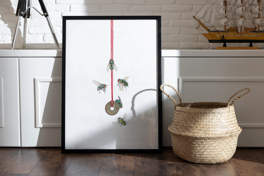 handgemaltes Aquarell von Fliegen um eine Münze alsFine Art Print