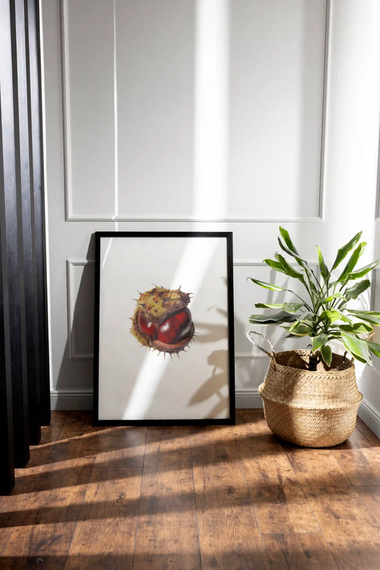 etailaufnahme der handgemalten botanischen Illustration einer Kastanie