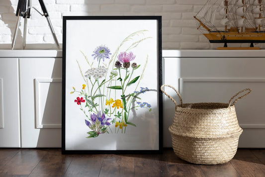 Botanische Illustration von bunten Sommerblumen handgemaltes Aquarell