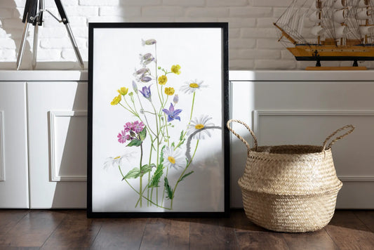 bunte frühlingsblumen in aquarell handgemalt als Kunstdruck gerahmt