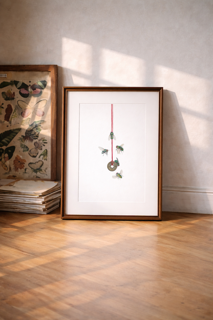 handgemaltes Aquarell von Fliegen um eine Münze als Kunstdruck 