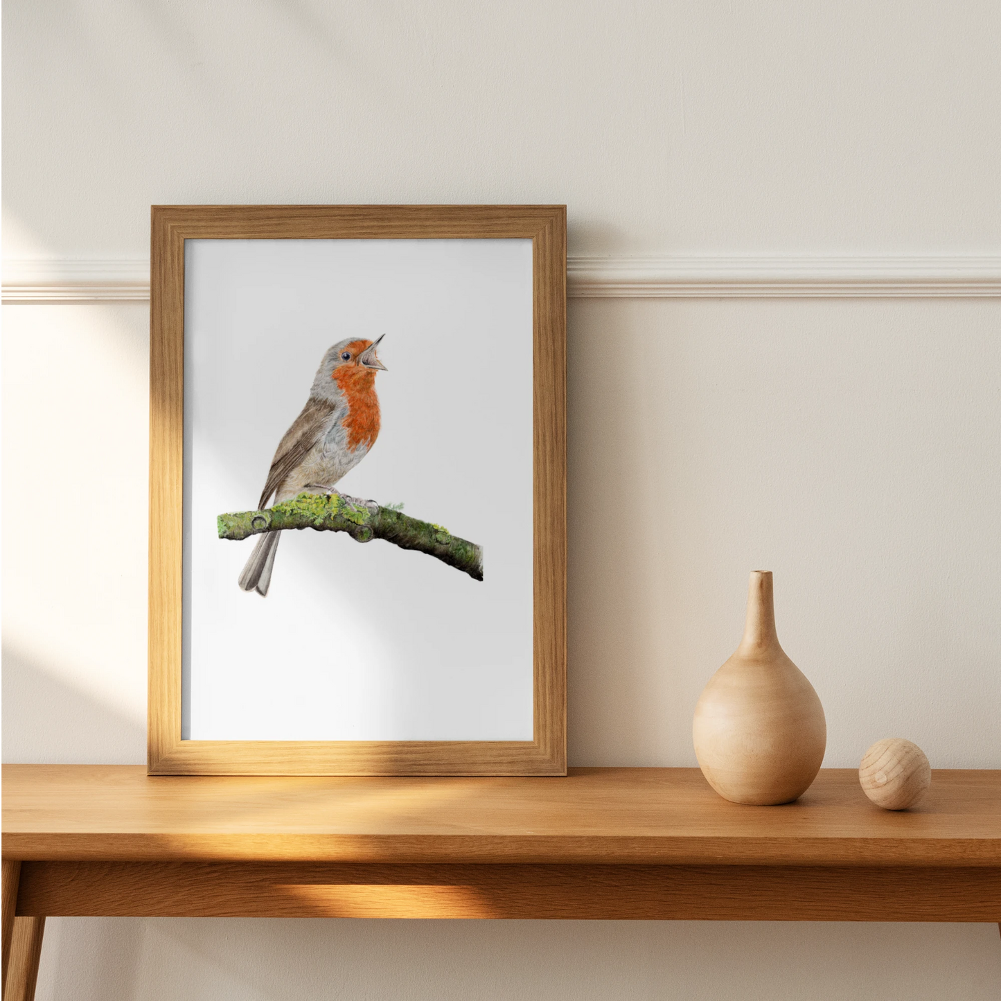 handgemalte Rotkehlchen Illustration gerahmt im Flur als Kunstdruck