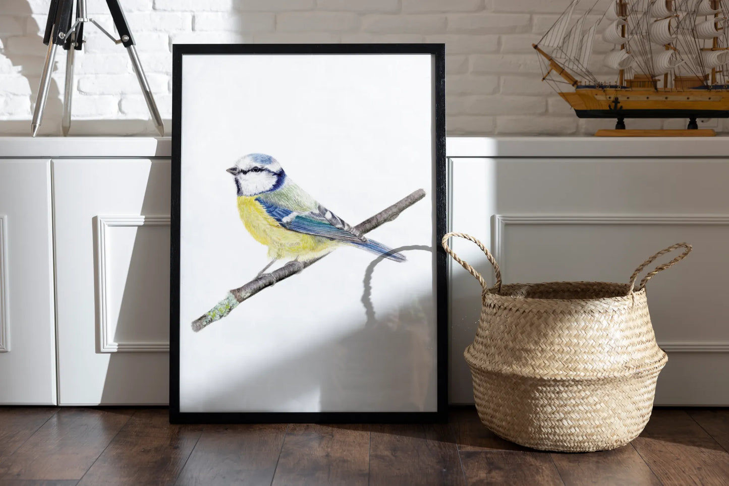 Meise Aquarellillustration als Kunstdruck gerahmt