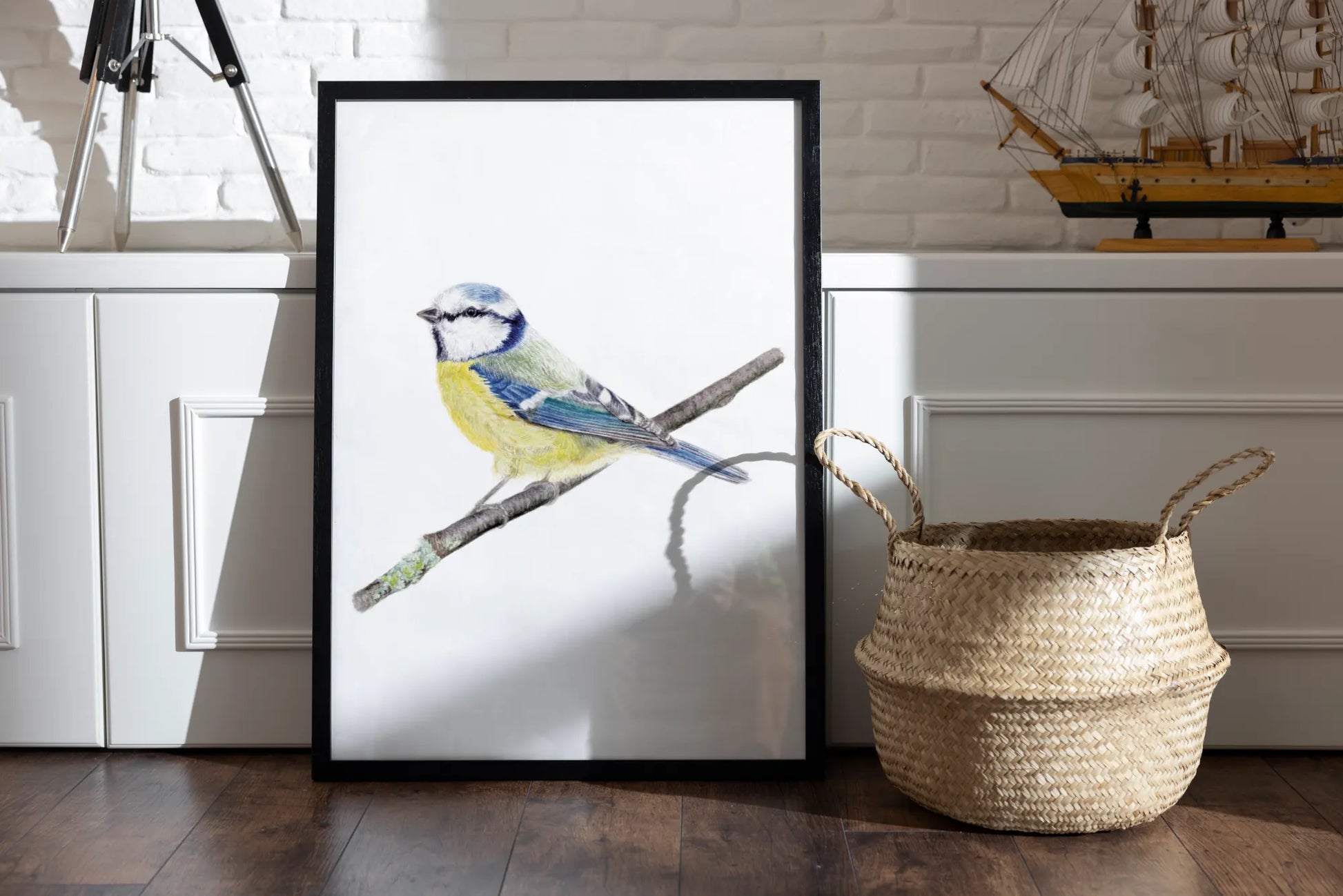 Meise Aquarellillustration als Kunstdruck gerahmt
