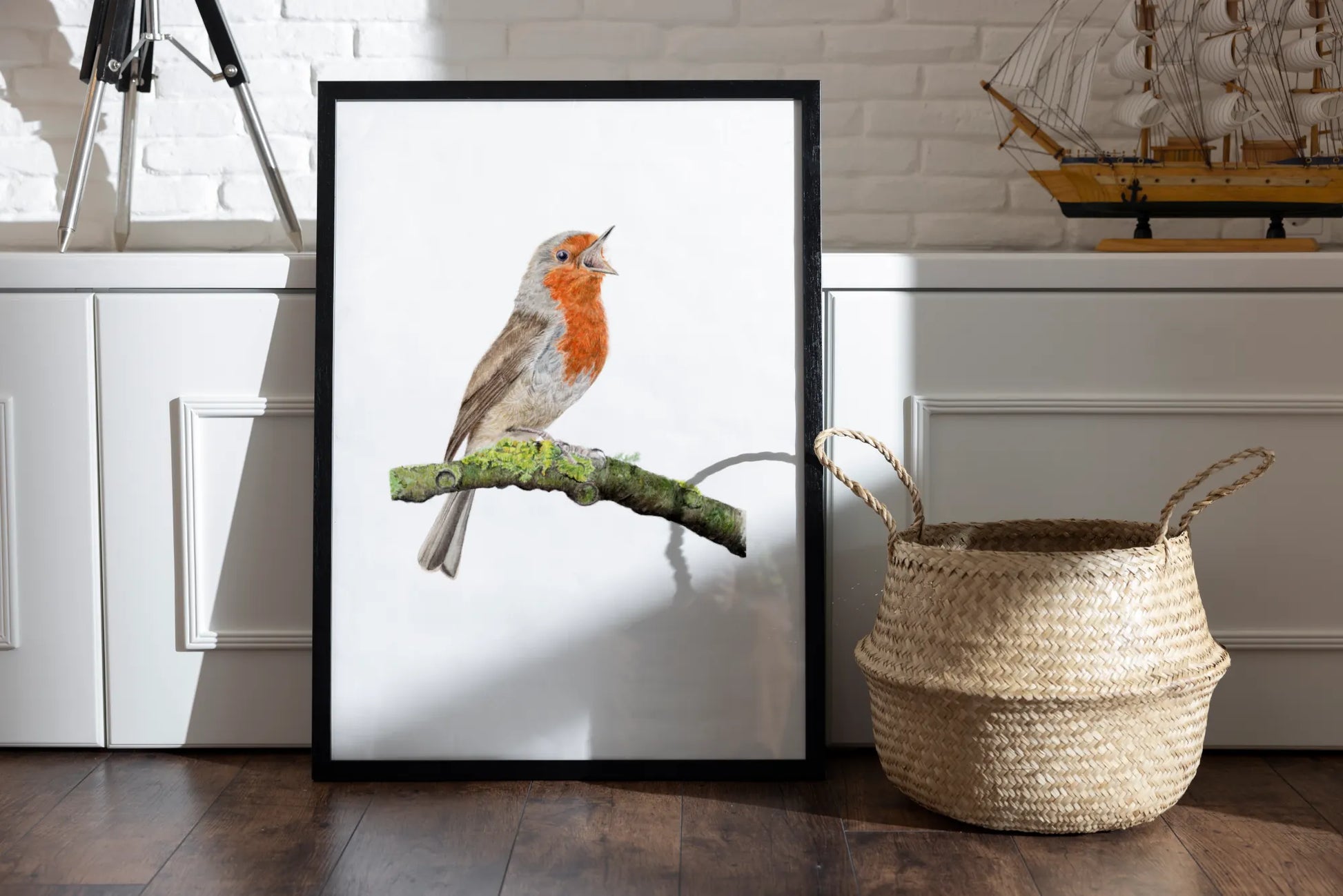 Rotkehlchen Illustration grahmt in einem Wohnzimmer