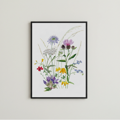 Handgemaltes Wiesenaquarell in einem schwarzen rahmen als Kunstdruck